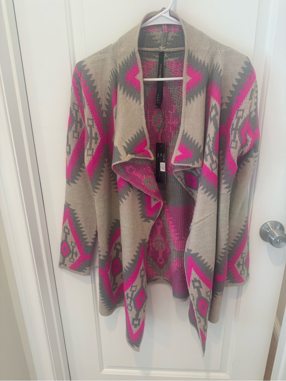 Renee C. Beige and Hot Pink Aztec Open-Front Cardigan